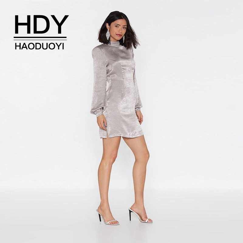 

HDY Haoduoyi Women Casual Autumn Party Long Sleeve Satin Mini Bodycon Backless Fashion Slim Elegant Simple Womens Female Dresses