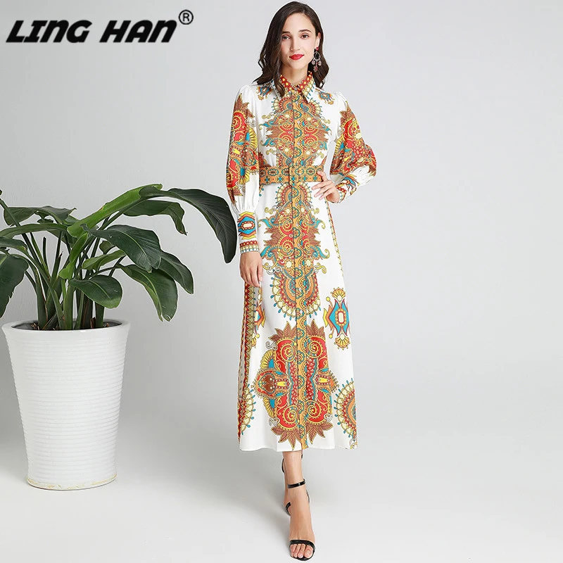 

LINGHAN Fashion Designer Runway dress Spring Autumn Women Dress Lantern Sleeve Vintage Print Vacation Dresses