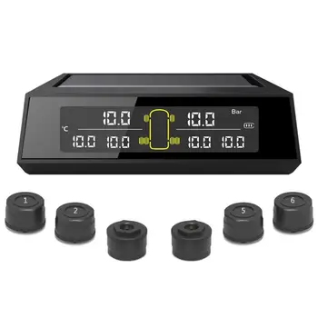

Car Solar Wireless Tire Pressure Monitoring System TPMS 6 External Sensors Replaceable Battery LCD Display For 6-wheel Truck Bus