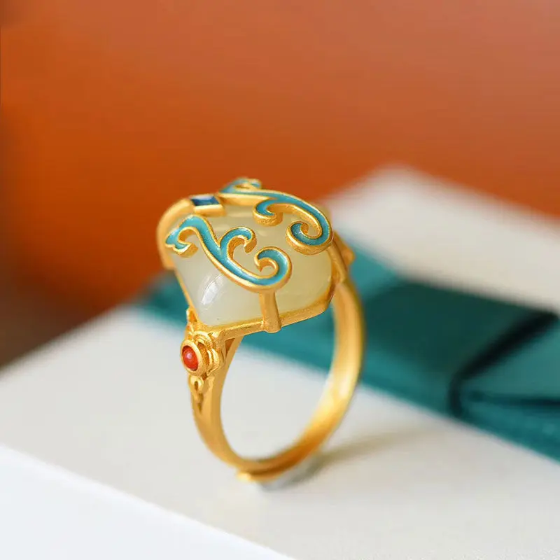 Silver Chinese retro enamel ring inlaid with Hetian jade adjustable opening for women silver ring,silver rings,jade ring