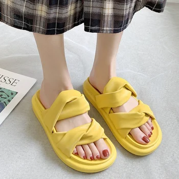 

Rimocy Summer Soft Pu Leather Platform Women Slippers Leisure Cross Strap Beach Flip Flops Woman Comfort Rubber Flats Slides