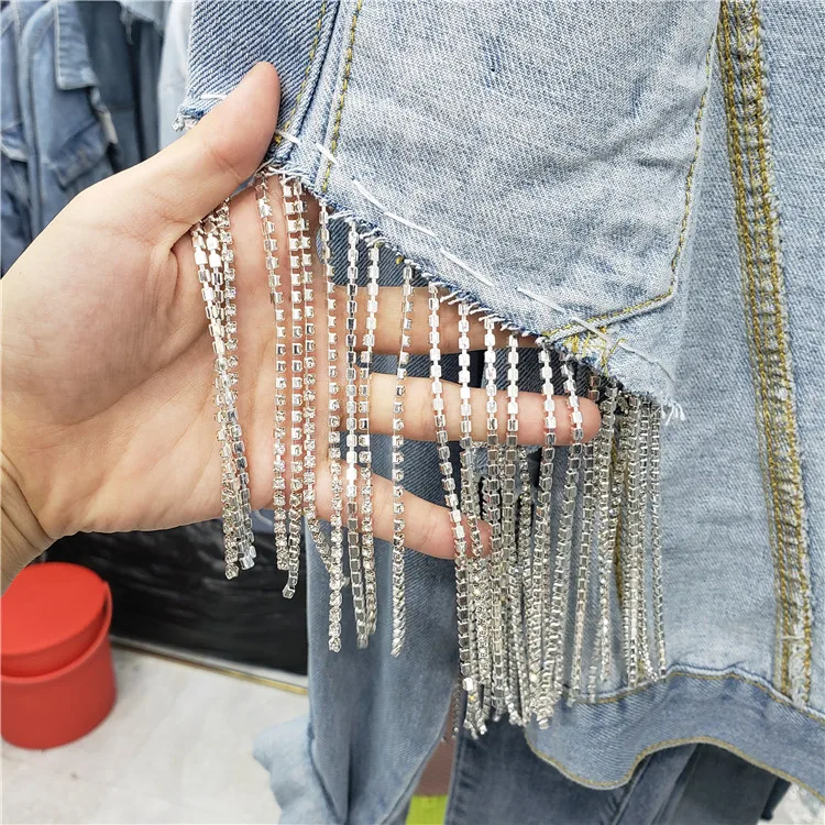 Koop Lente Herfst Mode Korte Denim Jasje vrouwen Nieuwe Zware Rhinestone Diamant Kwastje Losse Hoge Taille Jas Dame Jassen 2019
