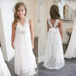 White Beautiful Flower Girls Dresses For Wedding Lace Chiffon Beaded Belt Kid First Communion Dress