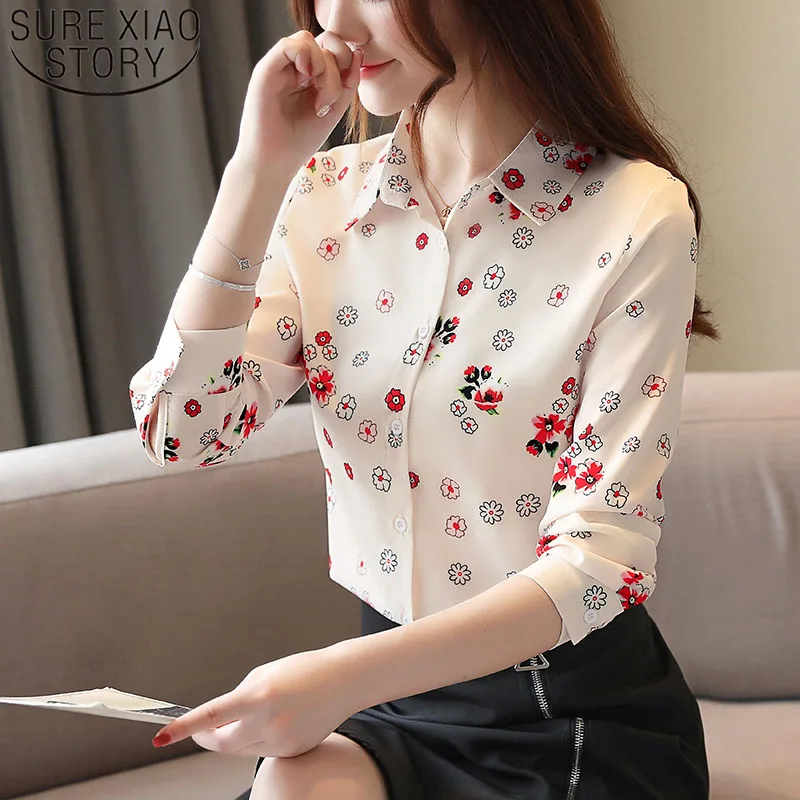 Осенняя женская блузка, женские топы с длинным рукавом, белая блузка с пуговицами, шифоновая блузка с отложным воротником, топы 7082 50