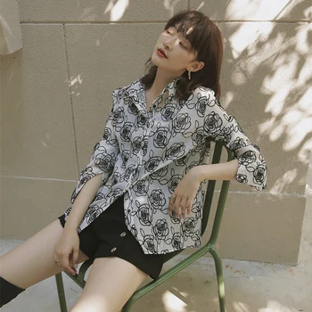 

Rose Printed Women Shirt Blouse Button Full Print Loose Female Blouses Tops Casual Autumn Lady Shirts Blouses