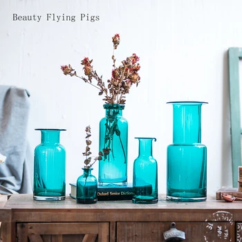 

Simple transparent blue glass vase decoration decoration shop flower model home living room desktop art decoration ornaments