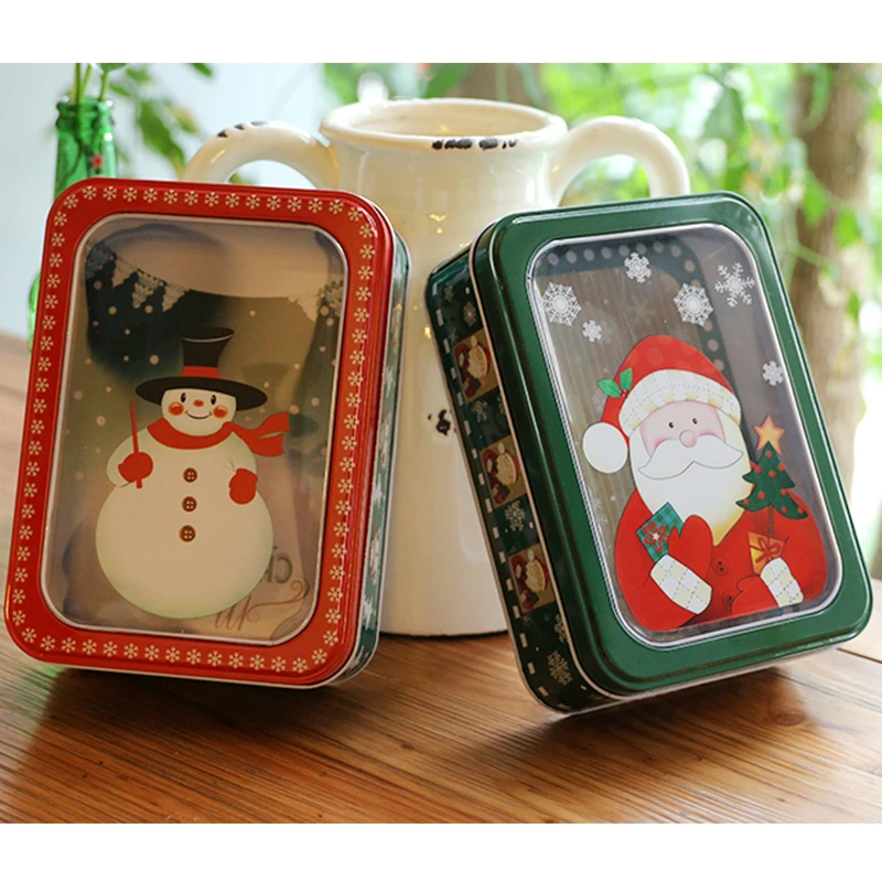 

Christmas Candy Gift Boxes Cute Rectangle Tin Box Santa Snowman Packaging Open Window Cookie Packing Case Festival Decorations