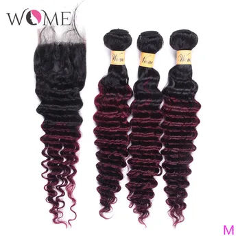 

Wome T1B/99J Malaysian Deep Wave Bundles With Closure Red Wine Color Human Hair Curly 4 Bundles With Lace Closure Free Part