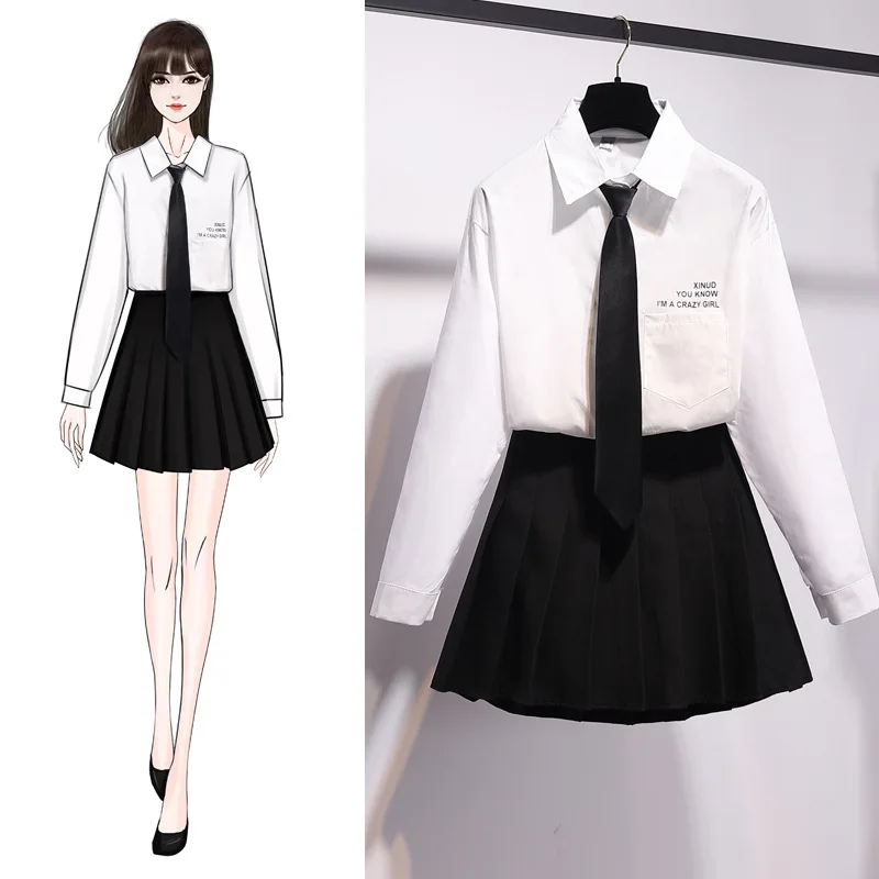 

Neckerchief Tie Shirt Women's 2020 Spring New Style Pleated Skirt Skirt Short Skirt-Style Two Pieces Dress Outfit Western Style