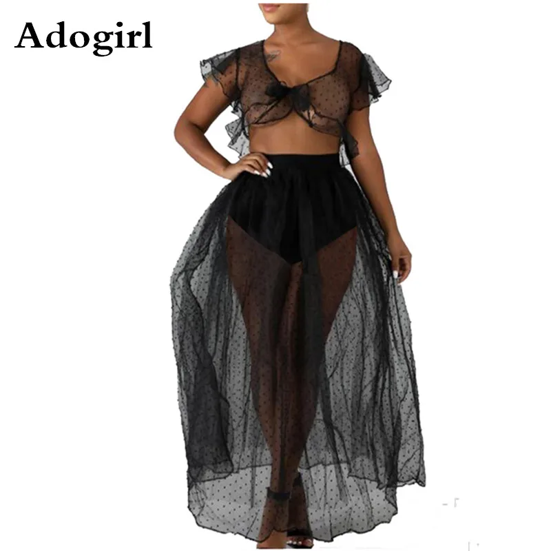 

Sexy Polka Dots Sheer Mesh 2 Piece Set Women See Through Skirt Set Top And Maix Skirt Woman Clothes For Party Club Outfits