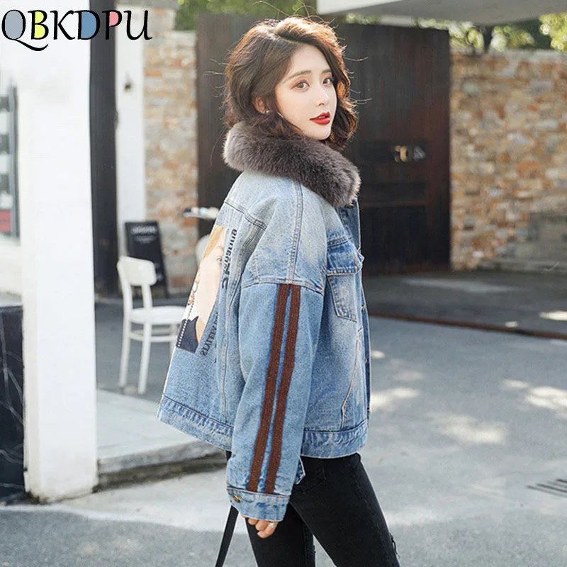 

Fake Fur Collar Printing Female Short Jeans Jacket Autumn Winter Plus Size Velvet Thicken Basic Denim Coat For Women Outerwear