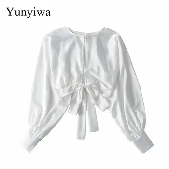 

2020 Women's Satin Knotted Top Long-sleeved Shirt Womens Blouse Tops Vintage Korean Blouses Clothes Blusas Camisas Mujer