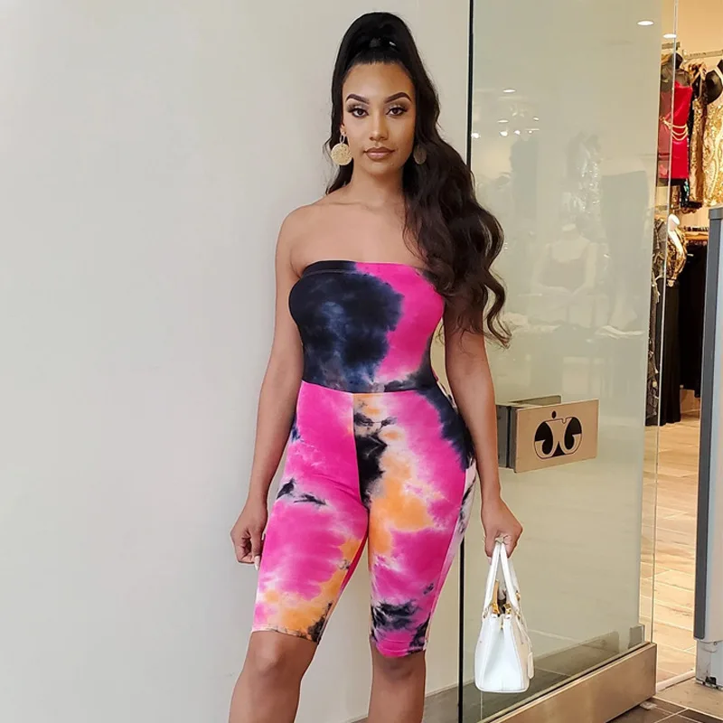 Tie Dye Strapless Women Bodycon Rompers Fashion 2020 Summer Biker Shorts Playsuit Casual Sporty Workout Active Wear Hot