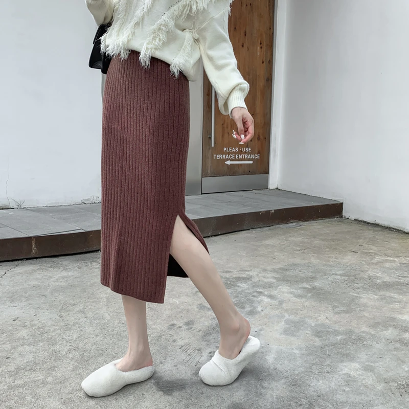 Корейская Трикотажная хлопковая Женская юбка прямая Осенняя трикотажная Женская длинная юбка с высокой талией Зимняя юбка прямая облегающая юбка