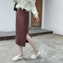 Корейская Трикотажная хлопковая Женская юбка прямая Осенняя трикотажная Женская длинная юбка с высокой талией Зимняя юбка прямая облегающая юбка