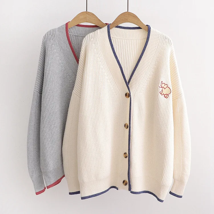 

Japanese-style Mori Girl Line Artistic Simple Solid Color Knitted Baby Elephant Embroidered Cardigan Mid-length Sweater Coat 662