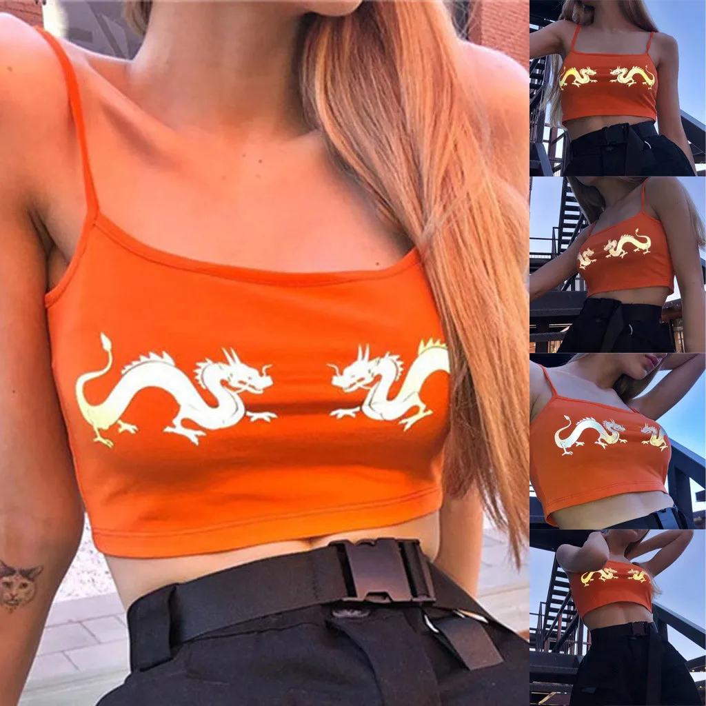Сексуальная женская укороченная футболка mujer festival Женская модная однотонная Светоотражающая Футболка с принтом китайского дракона без рукавов уличная майка Топы