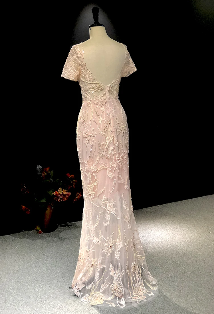 Rhine real Pictures Роскошный розовый кружевной короткий рукав бисер Русалка vestido de noiva robe de soiree Арабские Вечерние платья Длинные