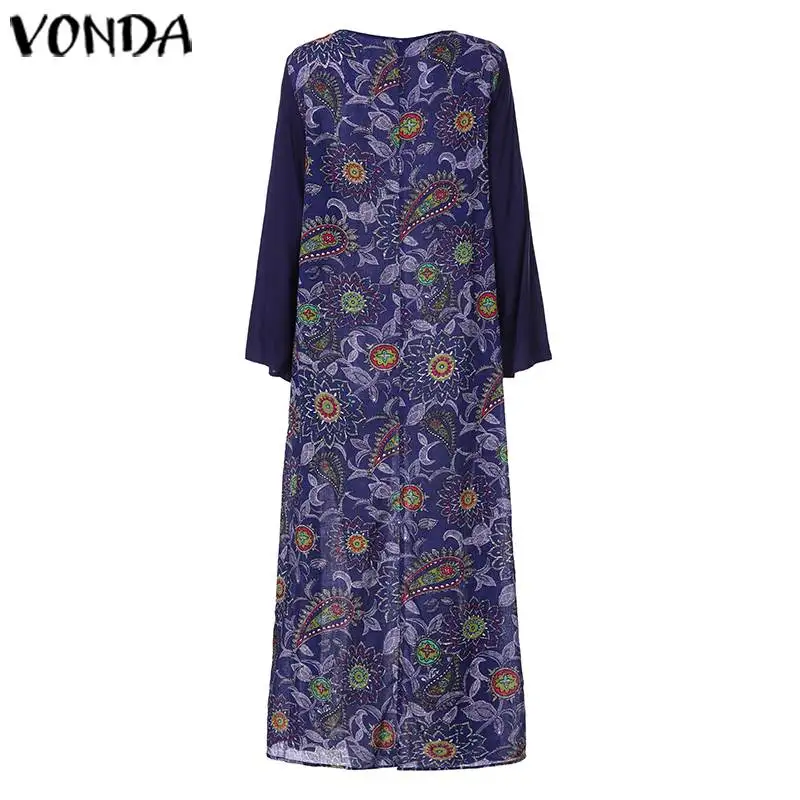 VONDA богемные платья женские поддельные из двух частей лоскутное платье Макси Цветочный Принт вечерние платья-рубашки богемные Vestidos плюс размер