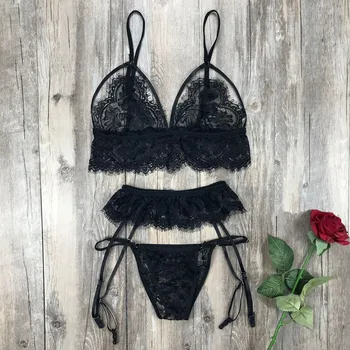 

Women Fashion Casual Sexy Sleeveless Sissy Lace Sexy Lingerie Hollow Bra Panty + Garter Bandage Underwear Set 3.2