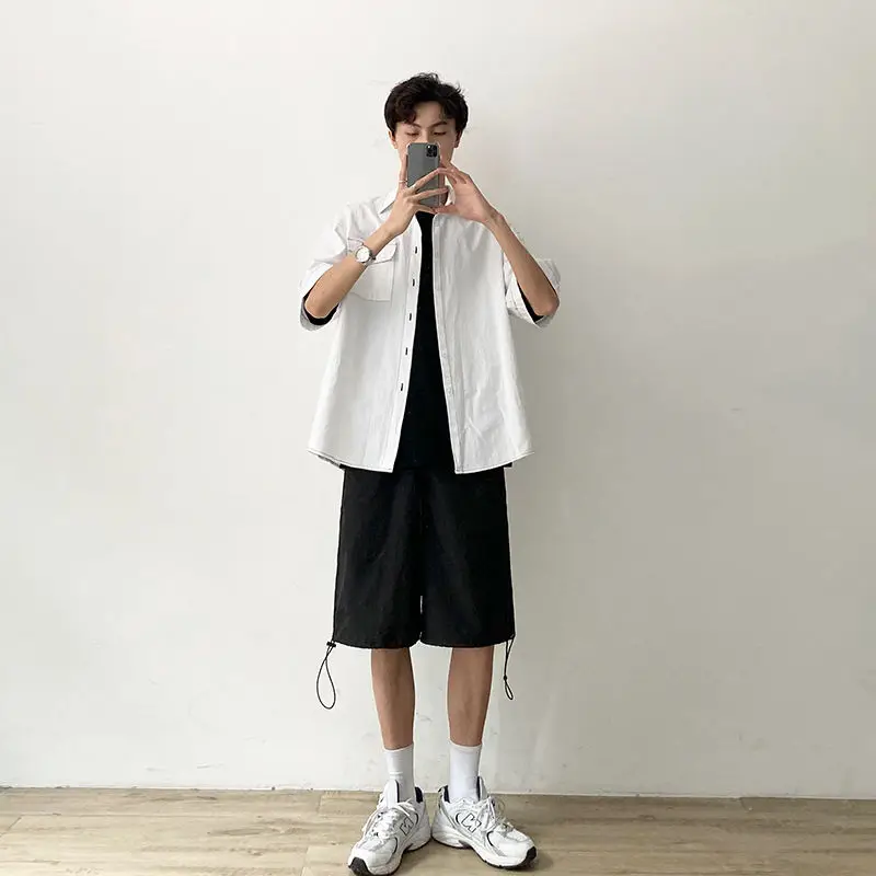 

Summer Cotton Shirt Men's Fashion Solid Color Retro Korean Casual Shirt Men Streetwear Wild Loose Short Sleeve Shirt Mens M-2XL