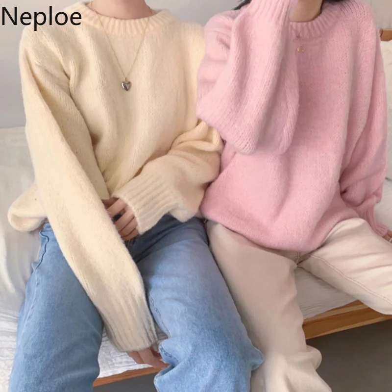 Neploe, шикарный, Ретро стиль, свободный, безумный стиль, пуловер, свитер, женский, о-образный вырез, длинный рукав, однотонный, вязаный, Pull Femme, теплая верхняя одежда, Sueter 47863