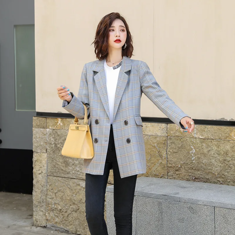 

2019 Autumn New Style Elegant Western Style Plaid Suit Coat Casual Slim Fit Double Breasted Pattern Small Suit WOMEN'S Dress