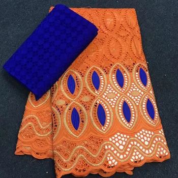 

(2.5+2.5yards/set) orange blue African hollow out Bazin lace fabric matched with Swiss cotton lace fabric for party BZX048
