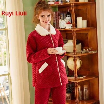 New pair pajamas coral fleecy cotton added thick red wedding wedding happy home wear two sets-RY New pair pajamas coral fleecy cotton added thick red wedding wedding happy home wear two sets-RY