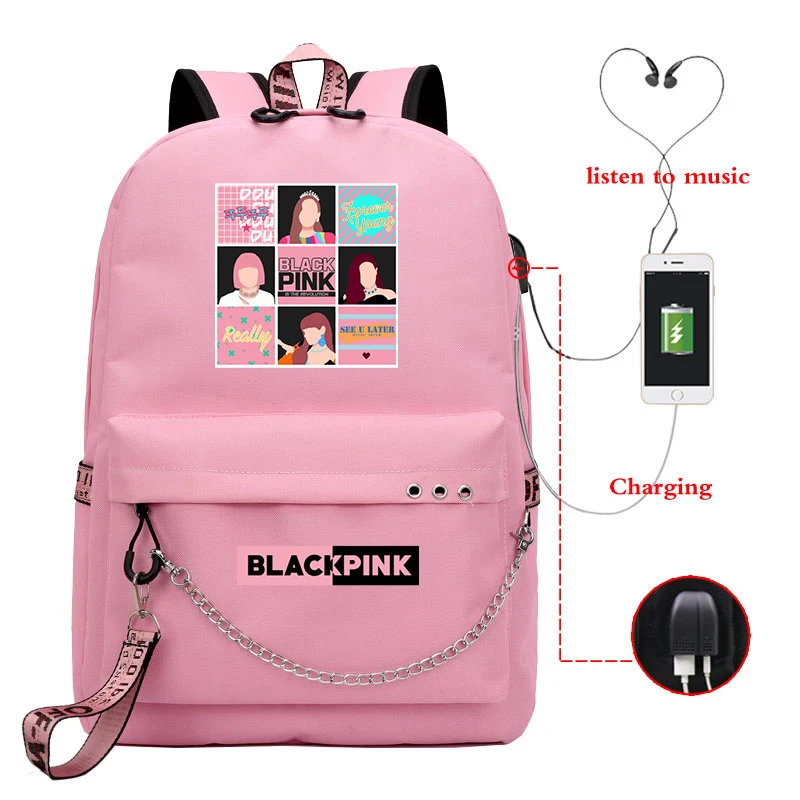 Backpack 6 Mochilas Mujer,, Kpop, черный, розовый, розовый, Лиза, рюкзак для женщин, девочек, школьные сумки, зарядка через usb, рюкзак для ноутбука, Sac A Dos Femme - Цвет: Backpack 6