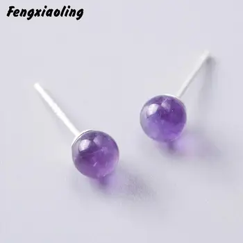 

Fengxiaoling New Fashion 100% 925 Sterling Silver Round Purple Crystal Stud Earrings For Women Simple Fashion Party Jewelry