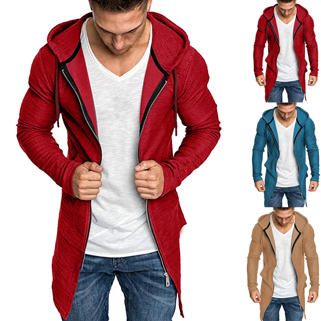 Мужской однотонный Тренч с капюшоном, куртка с капюшоном, кардиган, верхняя одежда, длинное пальто, пальто, мужские толстовки, повседневные, открытая стежка, хип-хоп plowaszcz
