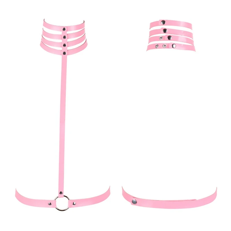 PU Leather Body Harness Cage Bra Sexy Lingerie Belt Fetish for Women Punk Gothic Neck Bondage Crop Tops Adjust Pink Harness Bra