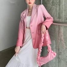 Blazer rose à simple boutonnage pour femmes, Chic, ample, dégradé rose, veste de costume avec nœud, manches longues, manteau d'extérieur, collection automne 2021 
