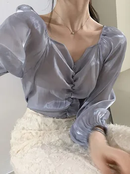 

2020 Mercerizing Satin-Face Shirt Women Sexy Thin Temperament V-neck Wrinkle All-match Shirt Womens Clothing Harajuku Blouse