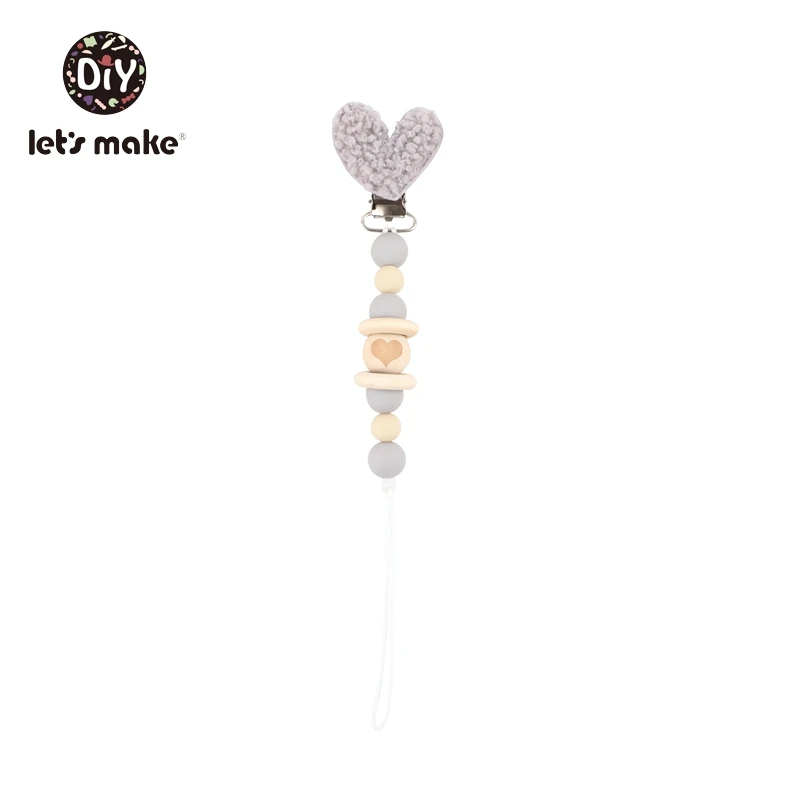 heart gray Let's Make держатель на цепочке для соски, Детские бумеры, 1 шт, звездное сердце, овечья шерсть, заказное имя, деревянные бусы для вязания крючком, персонализированный подарок для ребенка - Цвет: heart gray
