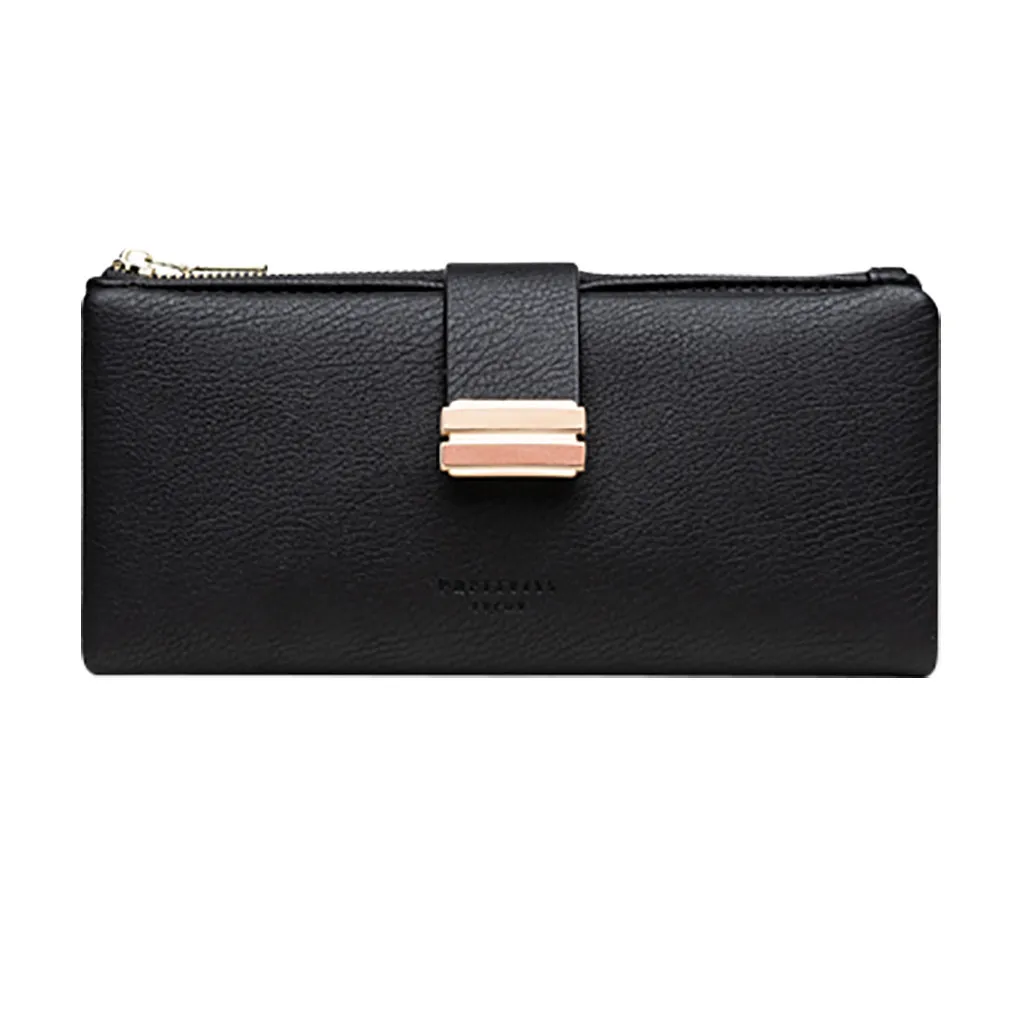 Женский кошелек, длинный, Повседневный, контрастный, с металлической пряжкой, на молнии, многофункциональный, клатч, кошелек для монет, Женская сумочка, сумка для денег, cartera mujer - Цвет: Black