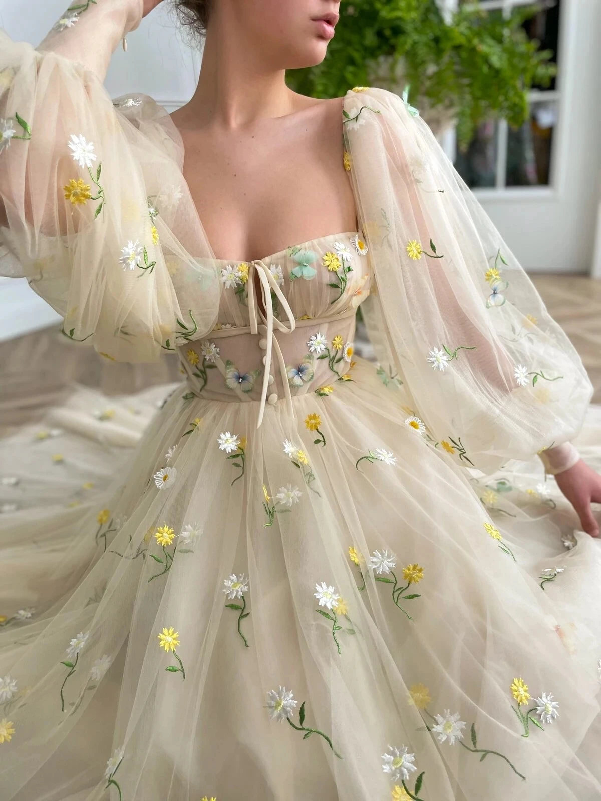 LORIE Square Neck Prom Dresses Long Puff Sleeves Embroidery Tulle Prom Gowns A-Line Ankle-Length Wedding Party Dresses