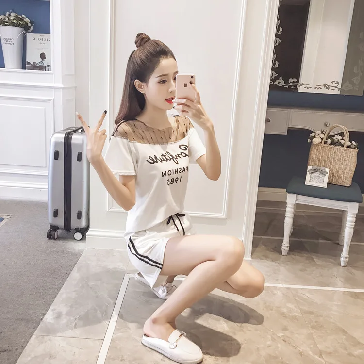 

Short Sleeve Striped Gauze Set 2019 Summer New Style WOMEN'S Dress Korean-style Fashion Students Loose-Fit Graceful Shorts