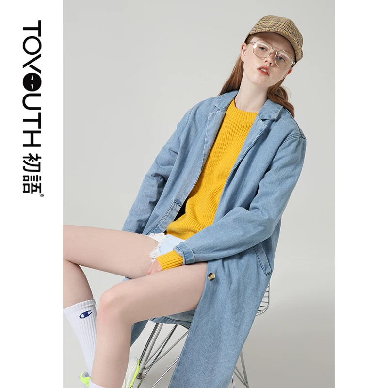

Toyouth 2019 Autumn Denim Trench Coat For Women Outerwear Solid Long Sleeve Windbreaker Casual Jeans Trench