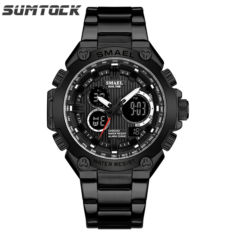 

Analog Digital Watch Men Luxury Stainless Steel Wristwatch 5Bar Water Resistant Chronograph Auto Date Multifunctional Watch
