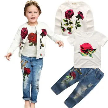 

Fashion Girls Clothes Set 2019 Spring Autumn New Brand Fashion Rose 3pcs 2-9Y Kids Long Sleeves Flower Children Clothing Set