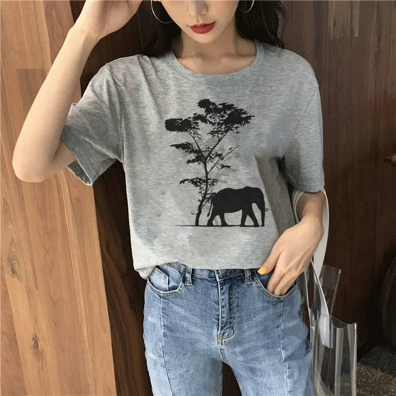 Летняя серая женская футболка в японском стиле с круглым вырезом и коротким рукавом в стиле Харадзюку