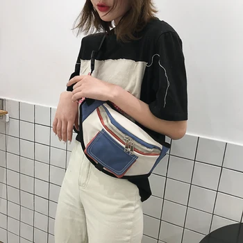 

Canvas Waist Packs For Women Waterproof Chest Bag Patchwork Fanny Pack Ladies Clutch Phone Bag Casual Shoulder Crossbody Bag
