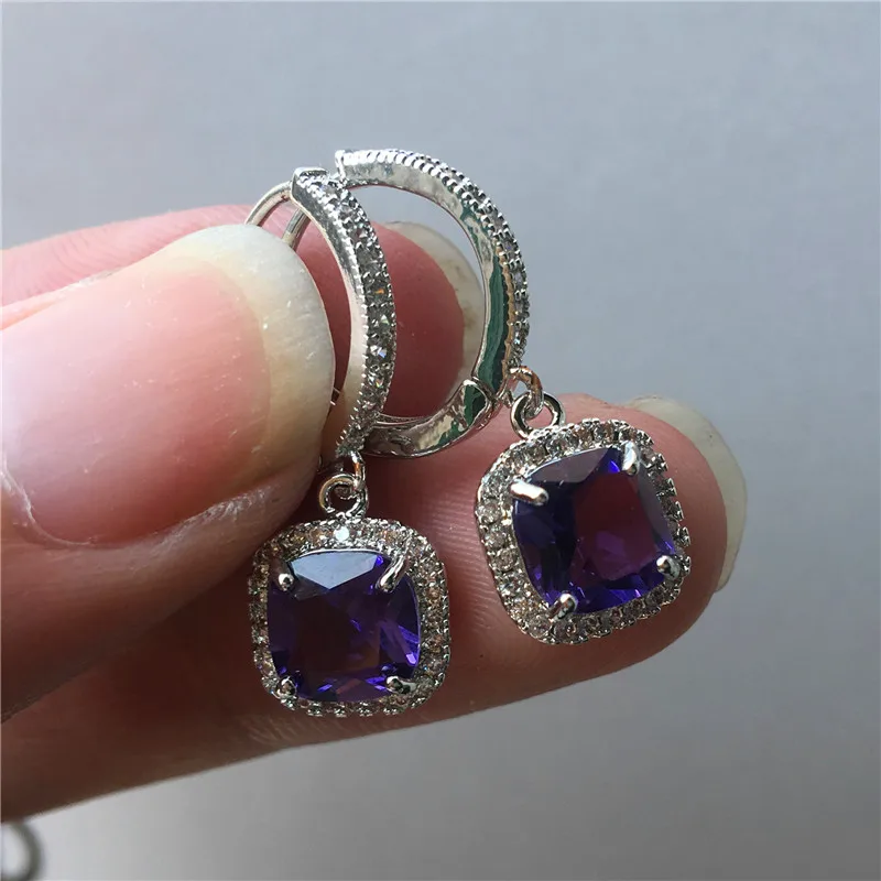 Fashion Female Pink Blue Zircon Stone Earrings Elegant Square Hoop Earrings For Women 925 Sterling Silver Wedding Earrings - Metal Color: Purple