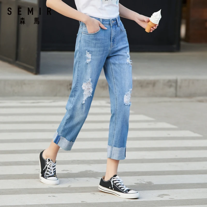 

SEMIR Women jeans ripped pants 2020 summer new straight straight cuffed student casual trousers personalized fashion