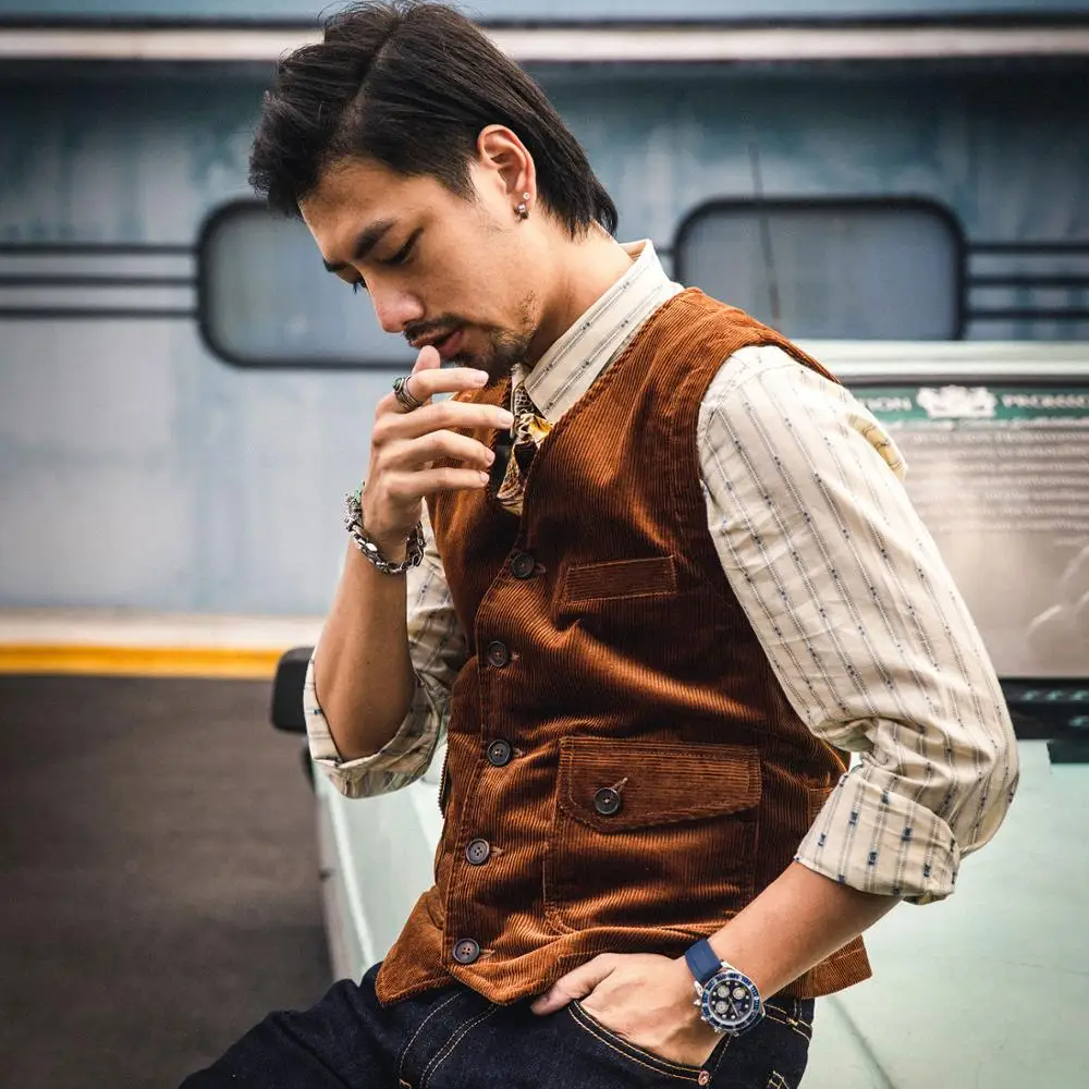 Chaleco de pana de Estilo Vintage para hombre ropa informal de invierno con cordones color marr n Tornado Rojo