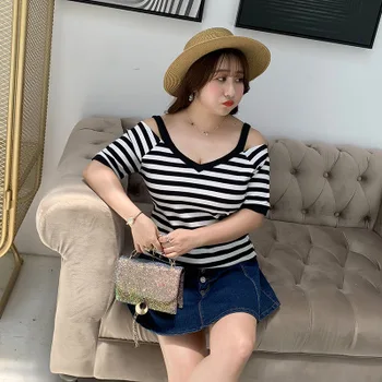 

2020 WOMEN NEW Summer new fat plus fertilizer XL women's sweet striped knit T-shirt