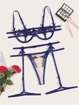 

Harness Appliques Underwire Garter Lingerie Set Women Sleepwear Hot Transparent Sexy Lingeries set