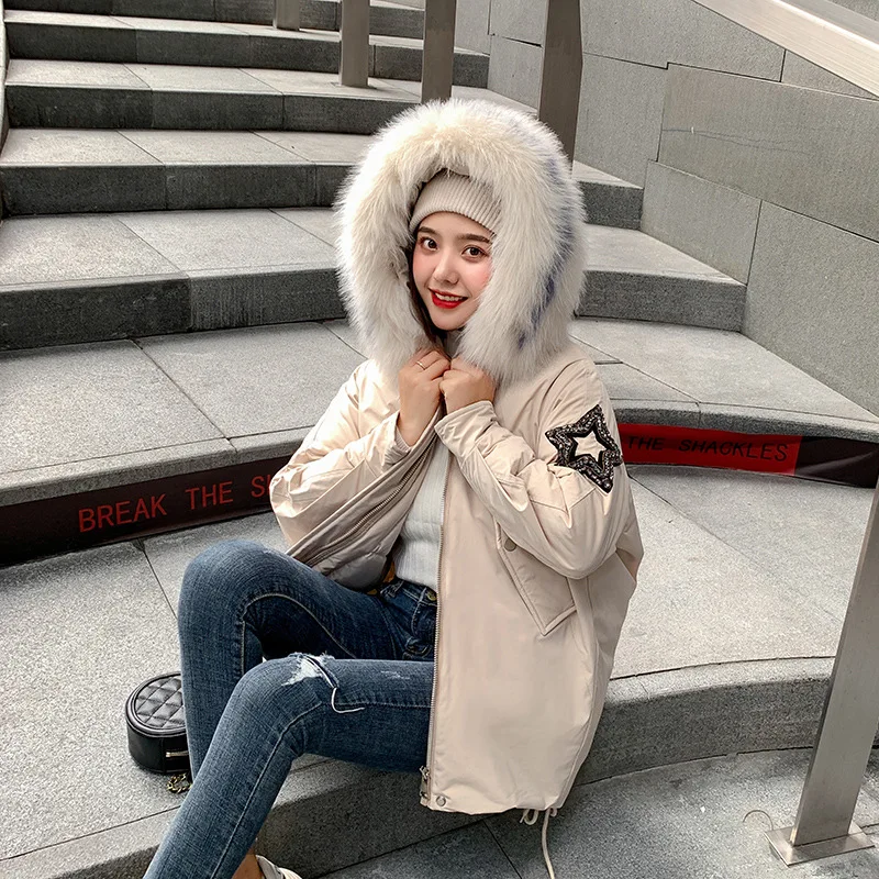 

2019 Winter New Style Korean-style Large Fur Collar Cotton-padded Clothes Women's Mid-length Loose Fashion down Jacket Cotton-pa